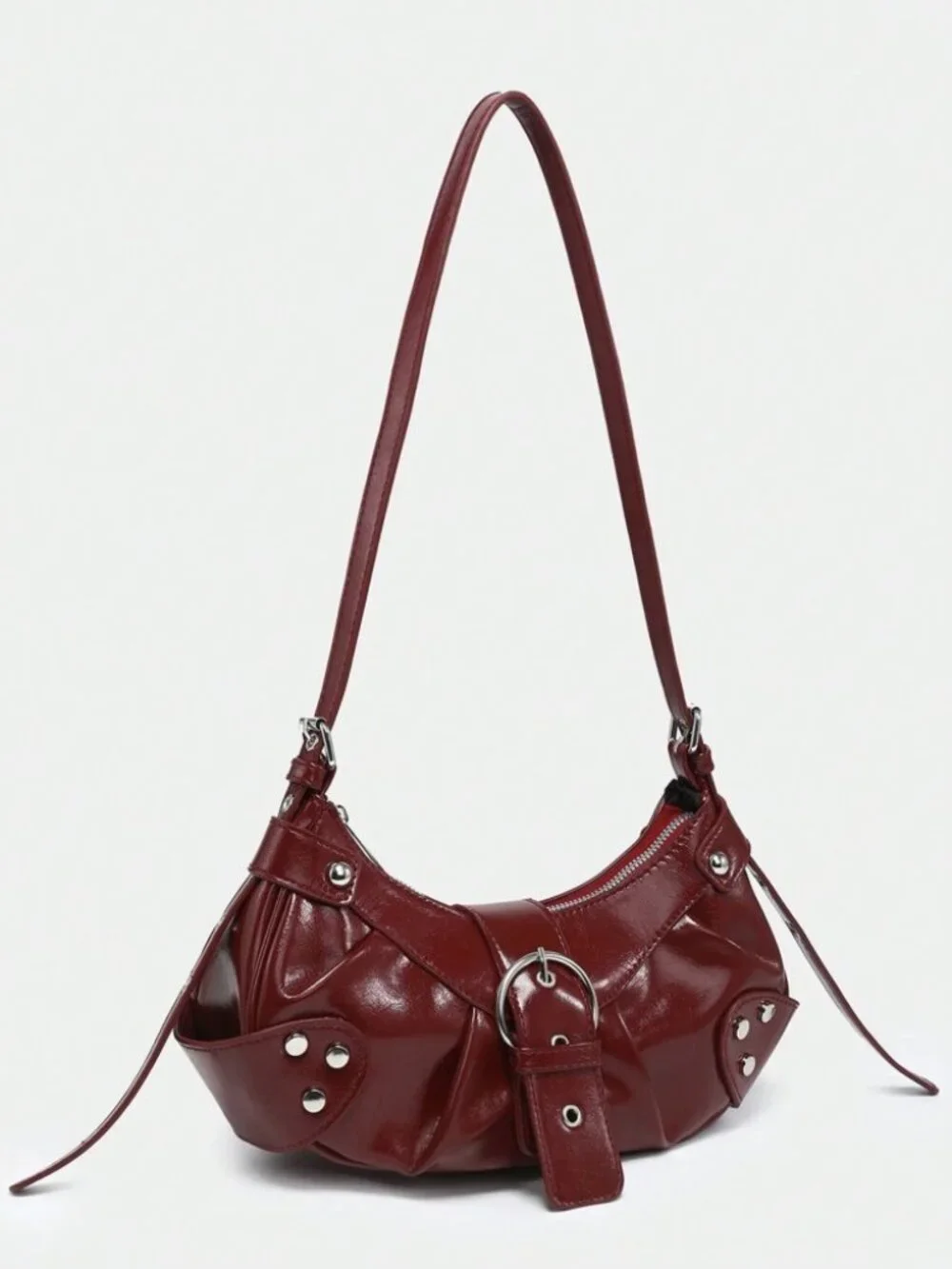 Burgundy Studded Baguette Bag Y2K Punk Vegan Leather Zip Shoulder
